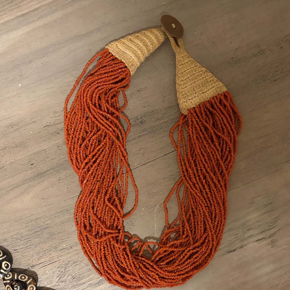 Boho Multi-Strand Orange Beaded Necklace with Woven Caps